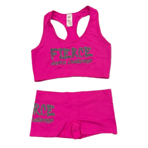 FIERCE DANCE CHALLENGE 2-piece hot pink set. High stretch, silver logo. Large.